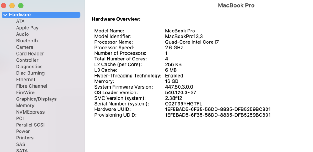 Mac OS System Report Model ID